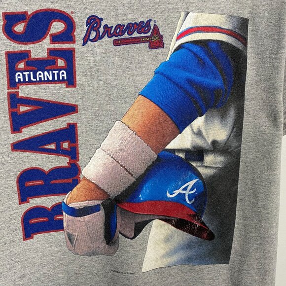 Vintage 1997 MLB Atlanta Braves Helmet SS T-shirt Gray Youth size Large / Mens S - Picture 3 of 6